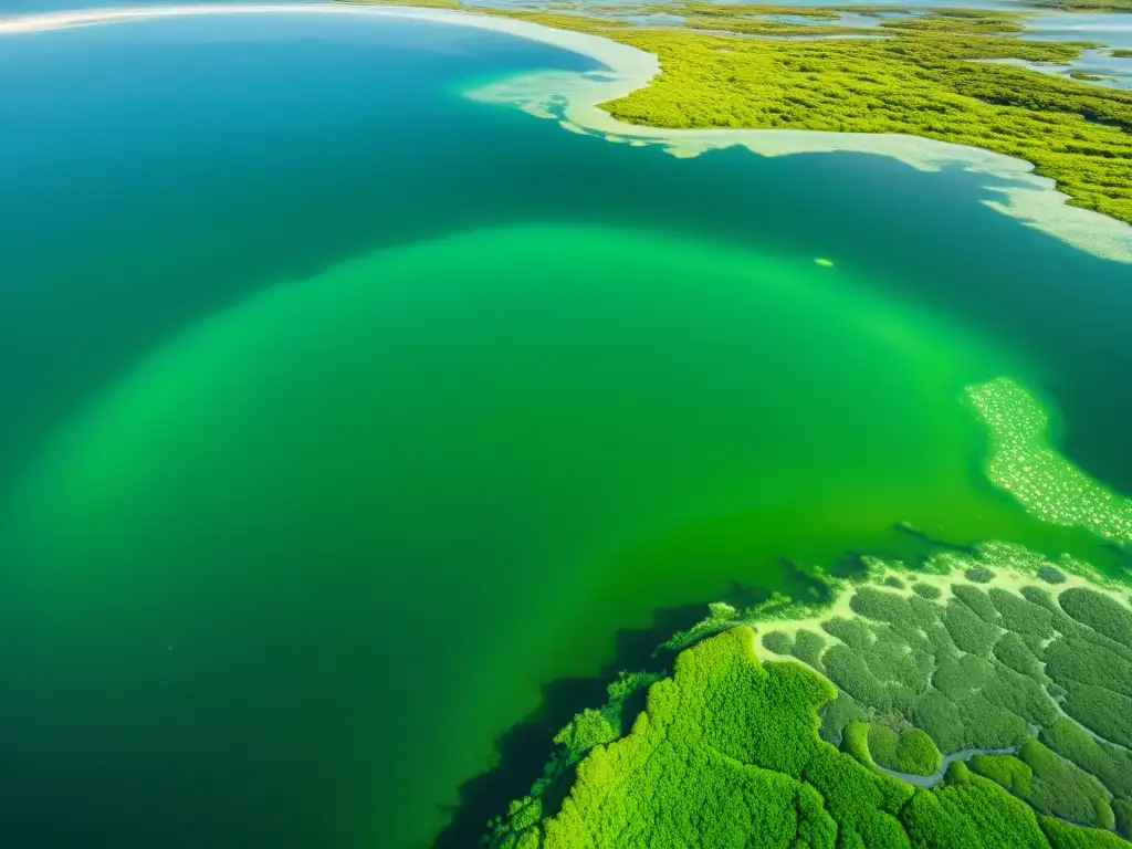 Imagen impactante de una granja de algas vibrantes en un cuerpo de agua tranquilo, transmitiendo belleza y sostenibilidad