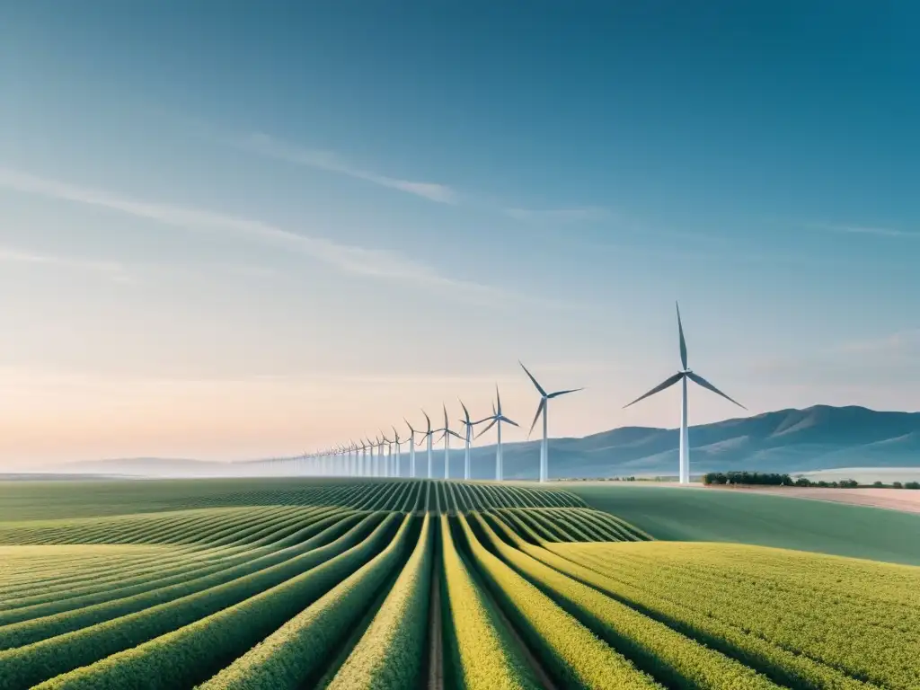 Una imagen impactante de la importancia de la energía eólica en la transición energética, con elegantes turbinas en un paisaje vasto y sereno