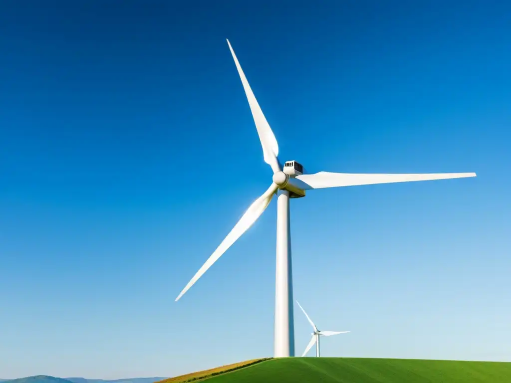 Imagen impactante de una moderna turbina eólica en un cielo azul claro, rodeada de un paisaje verde y tranquilo