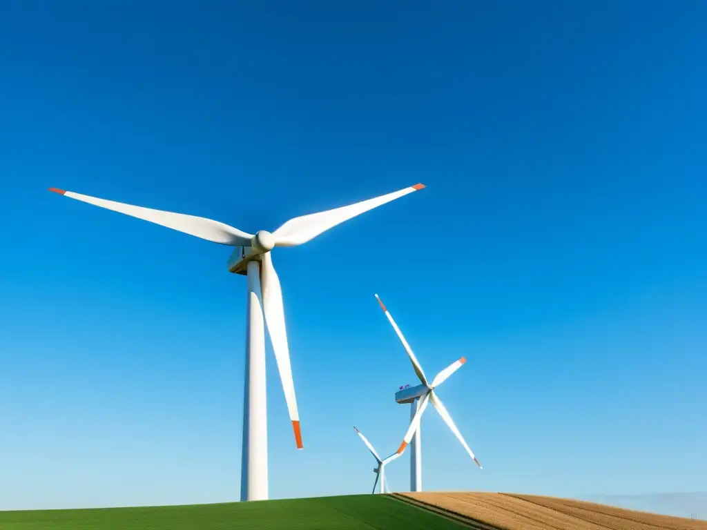 Una imagen impactante de una moderna turbina eólica en un cielo azul claro, destacando la integración de energía eólica en redes inteligentes