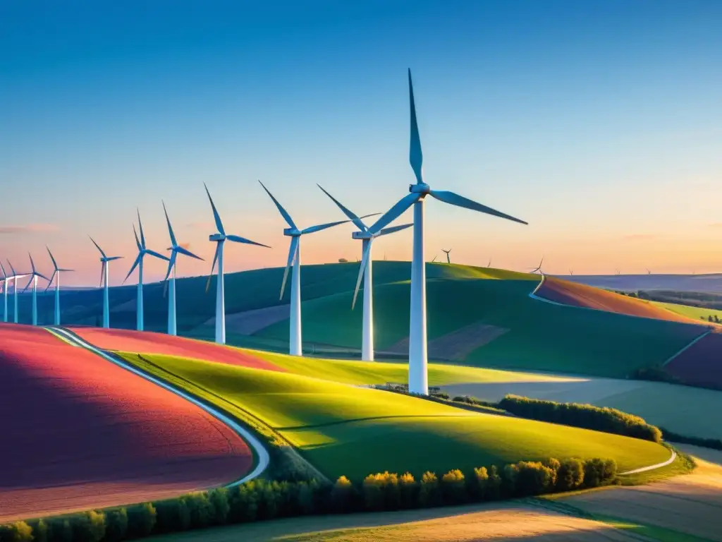 Imagen impactante de un moderno parque eólico frente a un vibrante atardecer, destacando la justicia ambiental de la energía eólica