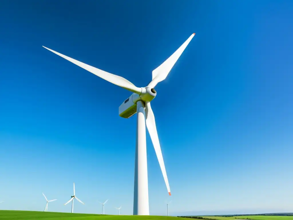Energía eólica: belleza y sostenibilidad en armonía Una imagen impactante de una turbina eólica en un cielo azul claro, con un paisaje verde vibrante de fondo