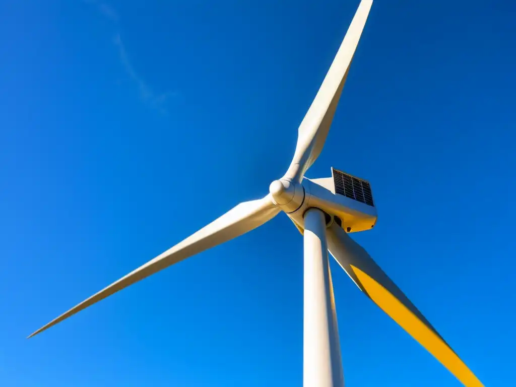 Imagen de una imponente turbina eólica moderna en un cielo azul, destacando avances en mantenimiento predictivo turbinas eólicas