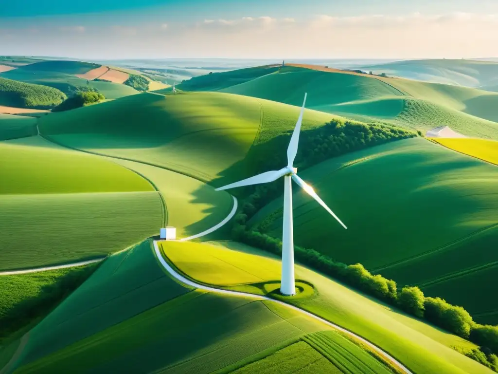 Una imagen impresionante de un paisaje rural sereno con un molino de viento solitario destacando en las verdes colinas