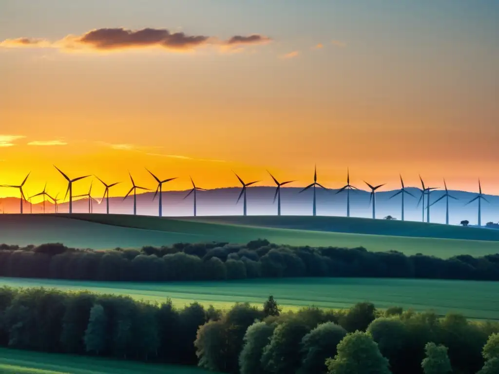 Una imagen impresionante de un parque eólico al atardecer, con modernos aerogeneradores que se extienden hacia el horizonte bajo un cielo colorido