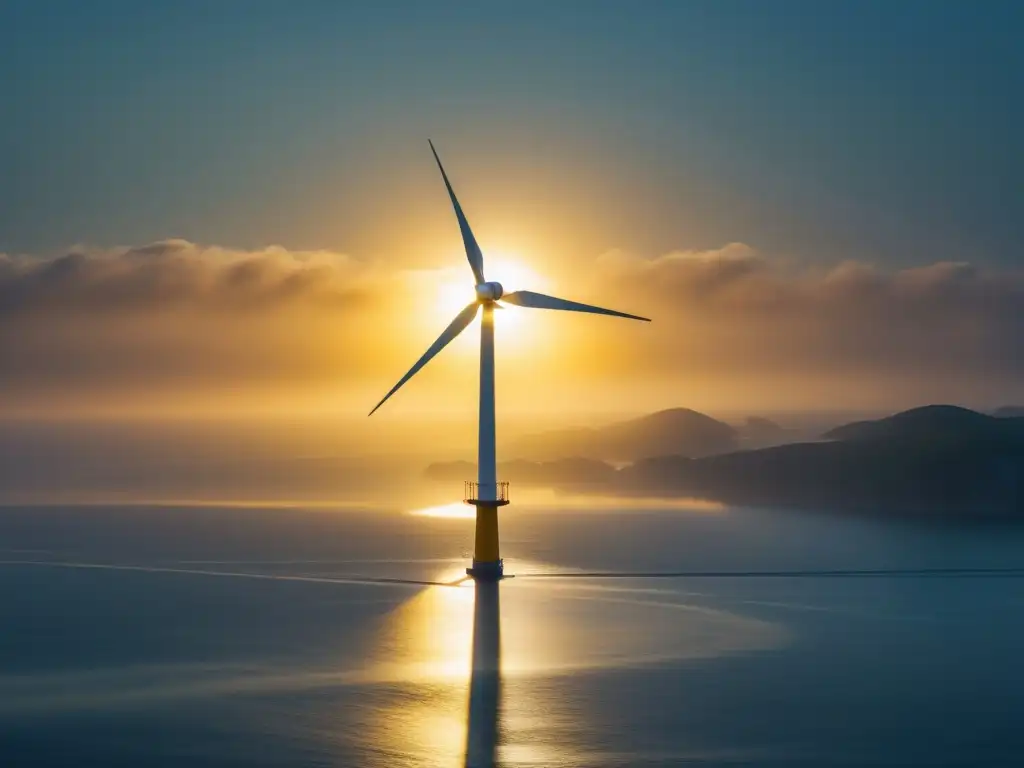 Imagen impresionante de una turbina eólica offshore en el mar, bañada por la luz dorada del sol