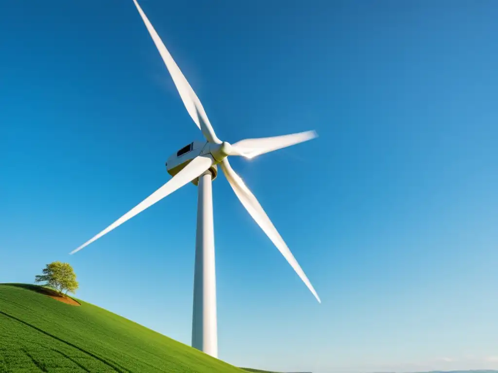 Imagen de una impresionante turbina eólica en un cielo azul claro, capturando la energía del viento