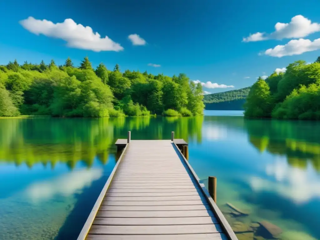 Imagen de un lago sereno rodeado de exuberante vegetación, reflejando el cielo azul y las nubes blancas