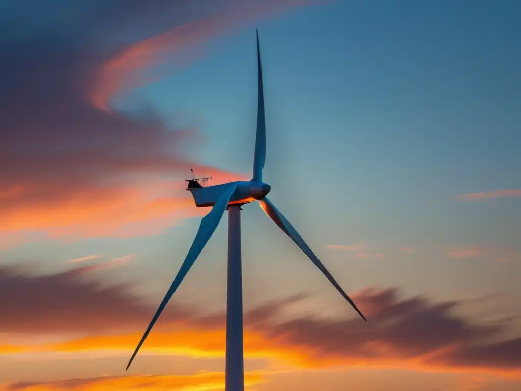 Una imagen minimalista de una energía eólica para comunidades sostenibles, con un molino de viento destacando en un atardecer vibrante y sereno