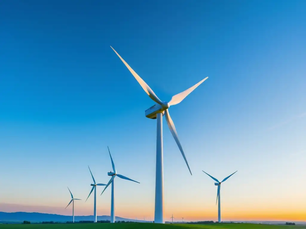 Una imagen minimalista de una moderna turbina eólica contra un cielo azul claro, con el sol poniéndose en el fondo