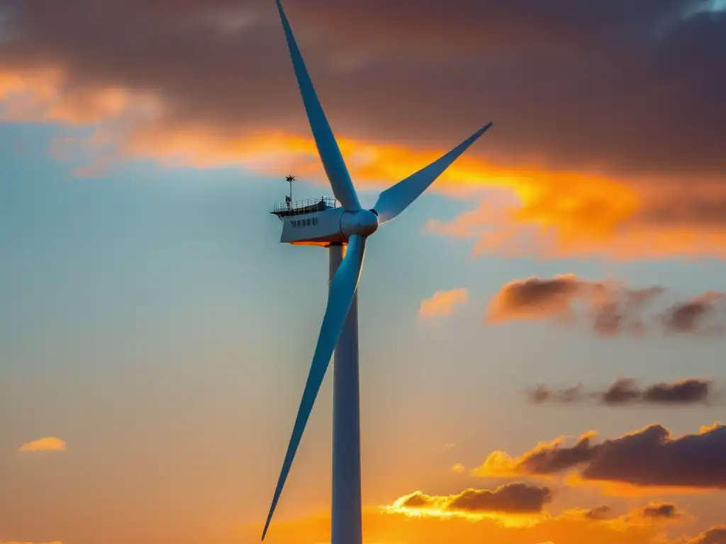 Una imagen minimalista de una turbina eólica destacando su elegancia y eficiencia, con un impresionante atardecer dorado de fondo