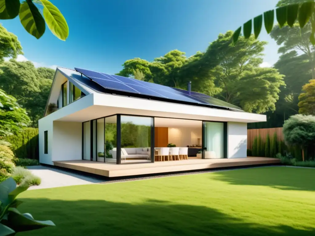 Imagen de una moderna casa energéticamente eficiente con paneles solares en el techo, rodeada de exuberante vegetación y estrategias de ahorro energético sostenible