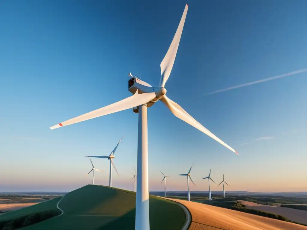 Imagen de una moderna y elegante turbina eólica en un paisaje sereno, evocando la importancia de la energía eólica en la transición energética