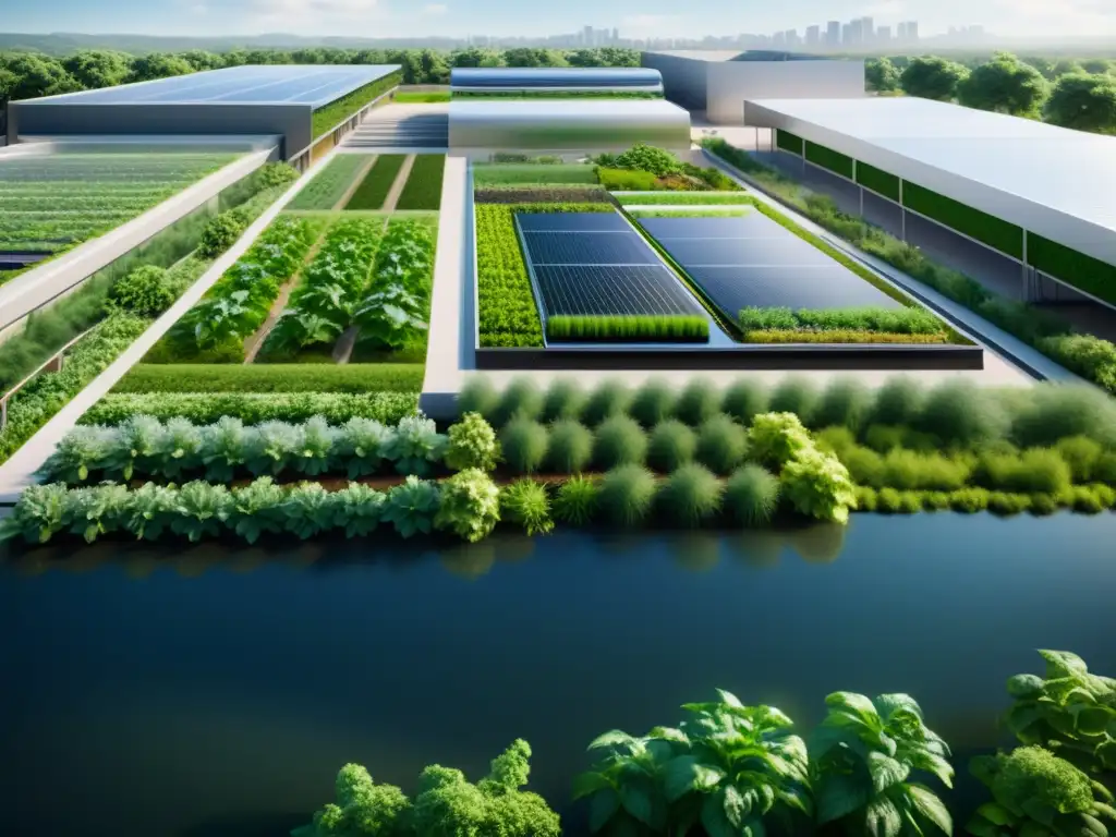 Imagen en 8k de una moderna instalación de agricultura urbana con reutilización avanzada de agua, fusionando naturaleza y tecnología