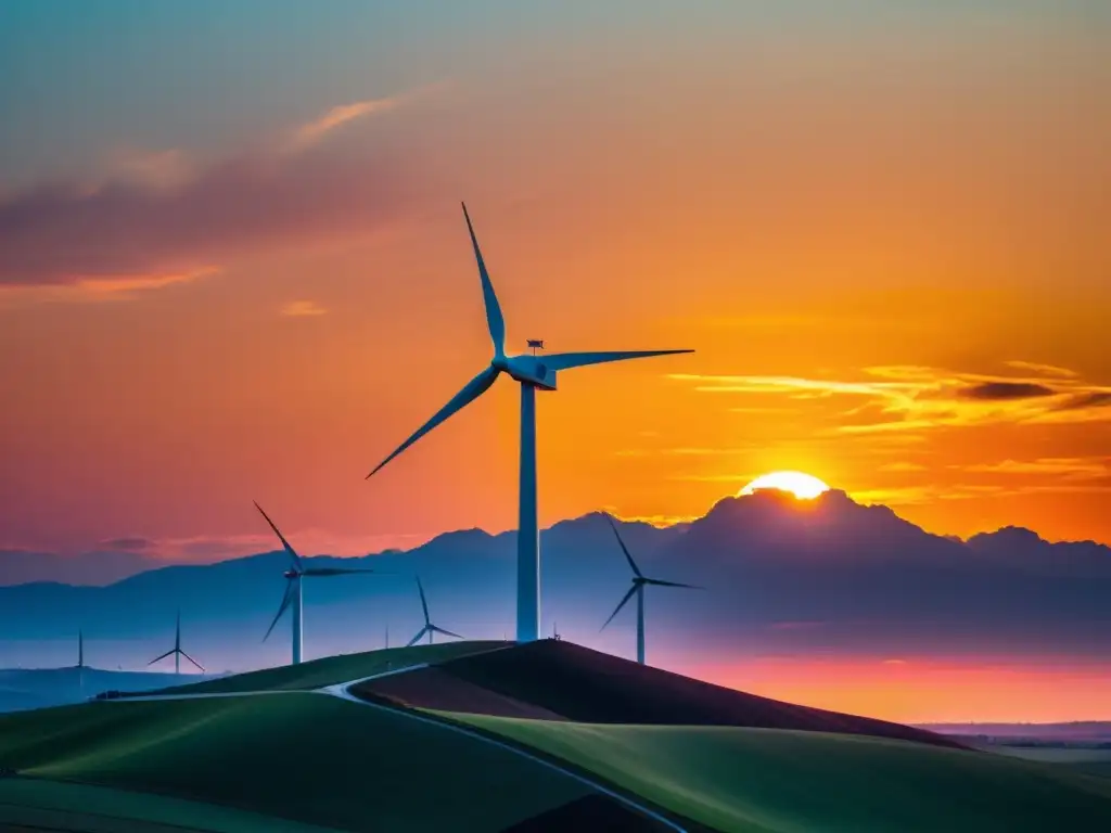 Una imagen de una moderna turbina eólica en un vibrante atardecer, destacando la eficiencia de la energía eólica frente al cambio climático