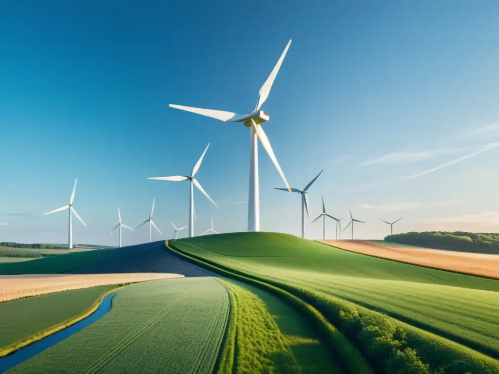 Imagen de una moderna turbina eólica en un paisaje verde, generando funcionamiento energía eólica sostenible bajo un cielo azul claro y soleado