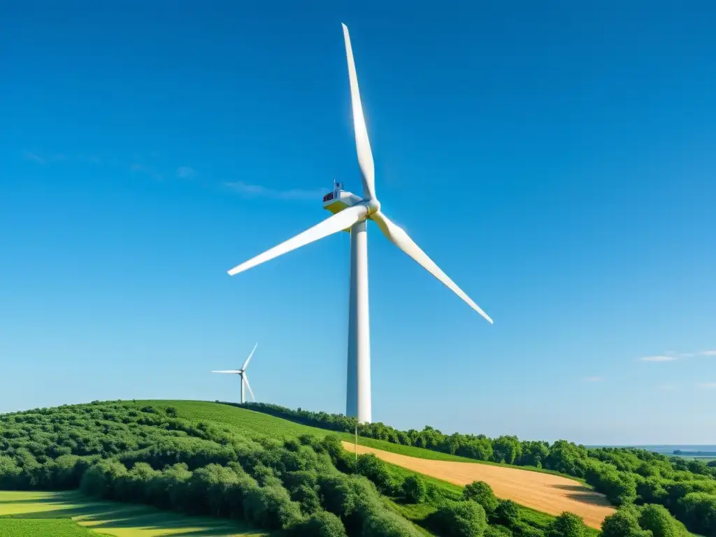 Imagen de una moderna turbina eólica en un cielo azul, rodeada de vegetación, evocando la armonía entre energía renovable y naturaleza