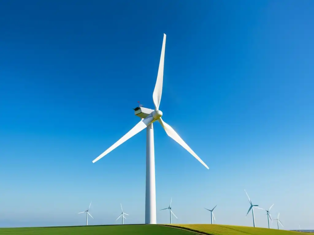 Una imagen de una moderna turbina eólica en contraste con el cielo azul, transmitiendo tranquilidad y sostenibilidad