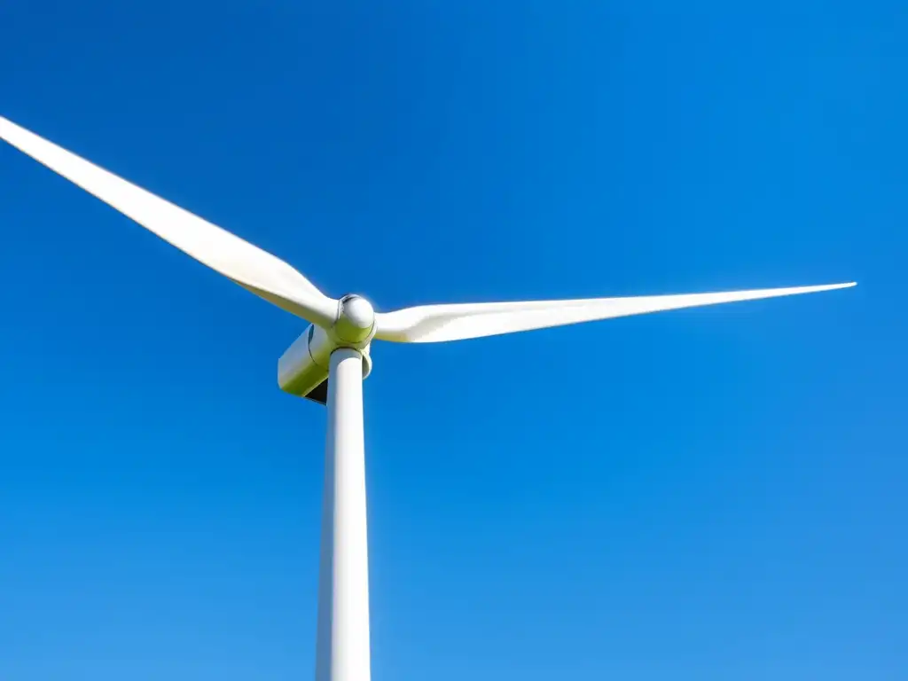 Imagen de una moderna turbina eólica en movimiento, simbolizando progreso y armonía ambiental