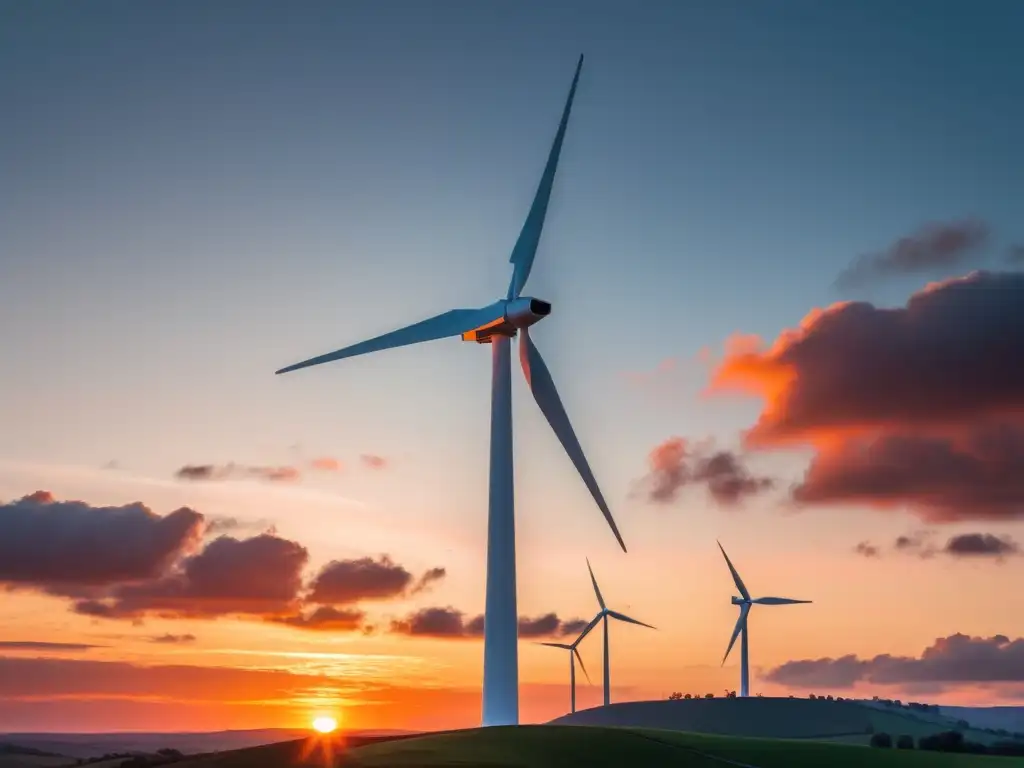 Una imagen 8k de una moderna turbina eólica contrastando con el atardecer, transmitiendo innovaciones en turbinas eólicas para hogares sostenibles