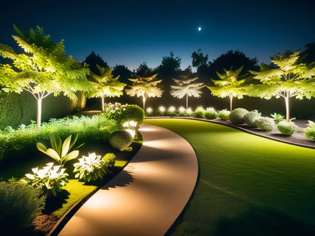 Imagen nocturna de un jardín sereno, iluminado por la luz de la luna y luces de jardín