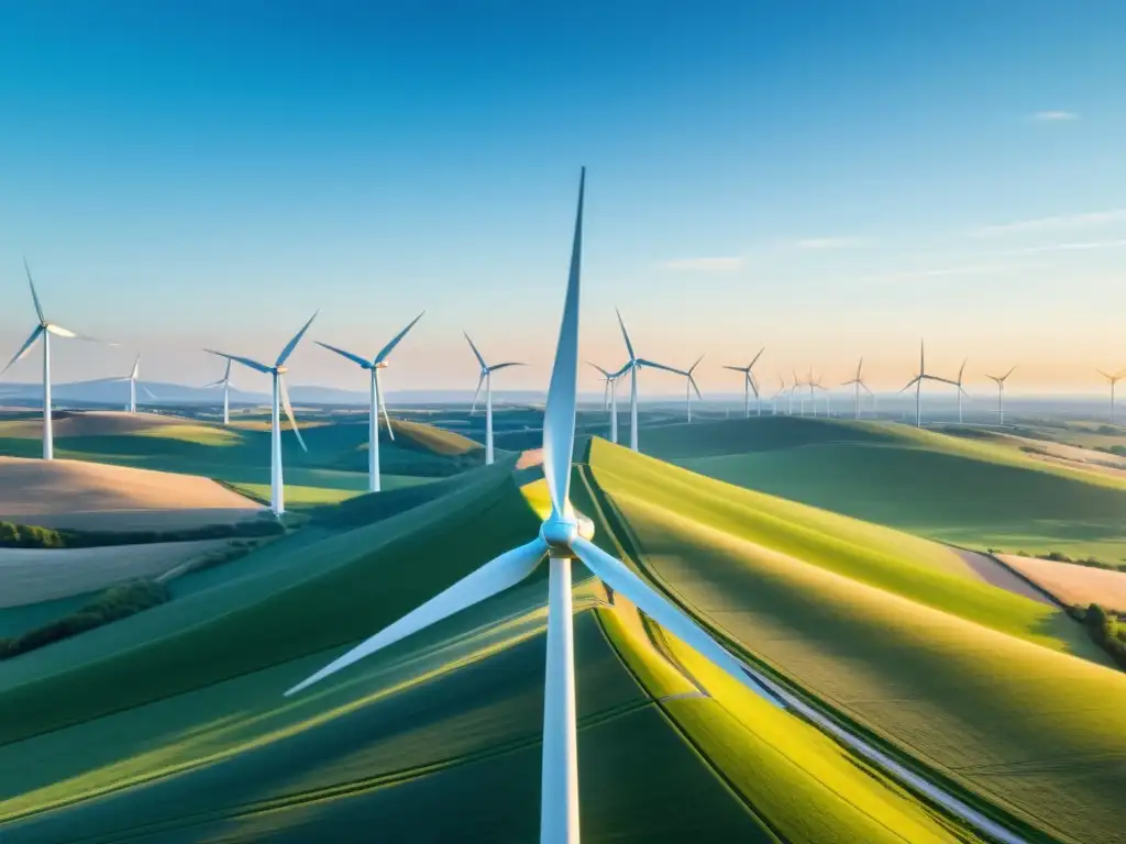 Imagen 8k de un paisaje sereno con molinos de viento modernos, evocando cooperativas de energía eólica sostenible