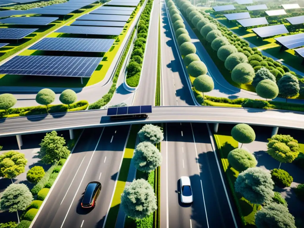 Imagen 8k de paisaje urbano sostenible con carreteras solares, vehículos eléctricos y edificios verdes