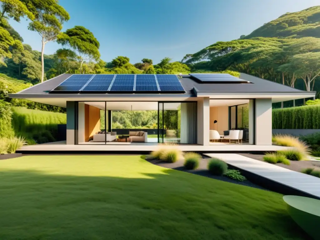 Imagen de casa ecológica con paneles solares, rodeada de vegetación exuberante