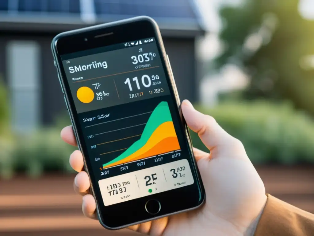 Imagen de pantalla de smartphone con app de monitorización solar para hogar sostenible, diseño moderno y colores terrosos