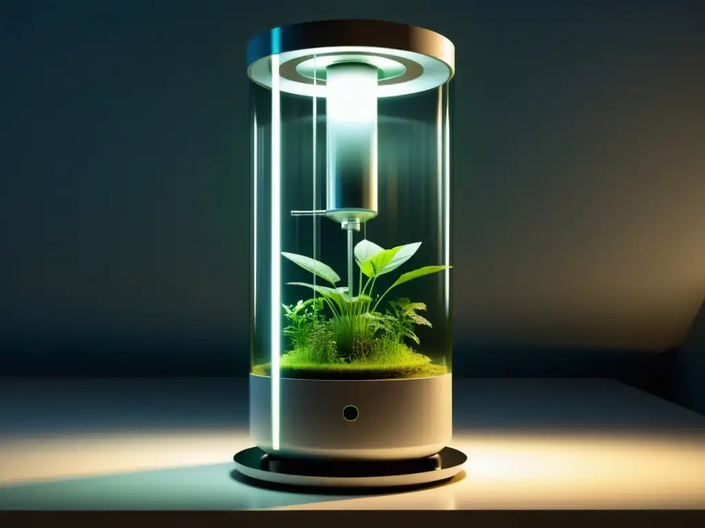 Una imagen de una pequeña planta de biocombustible sostenible en un moderno biorreactor casero, con iluminación suave y ambiente sereno