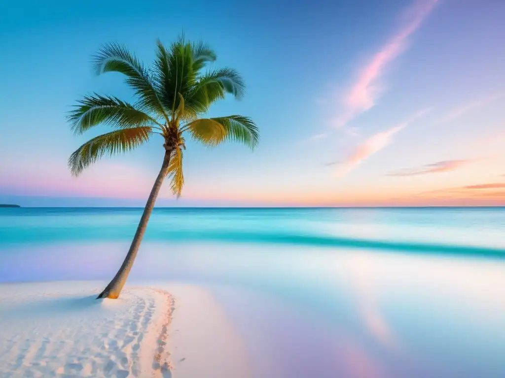 Imagen de una playa serena con aguas turquesas cristalinas, arena blanca y una palmera solitaria