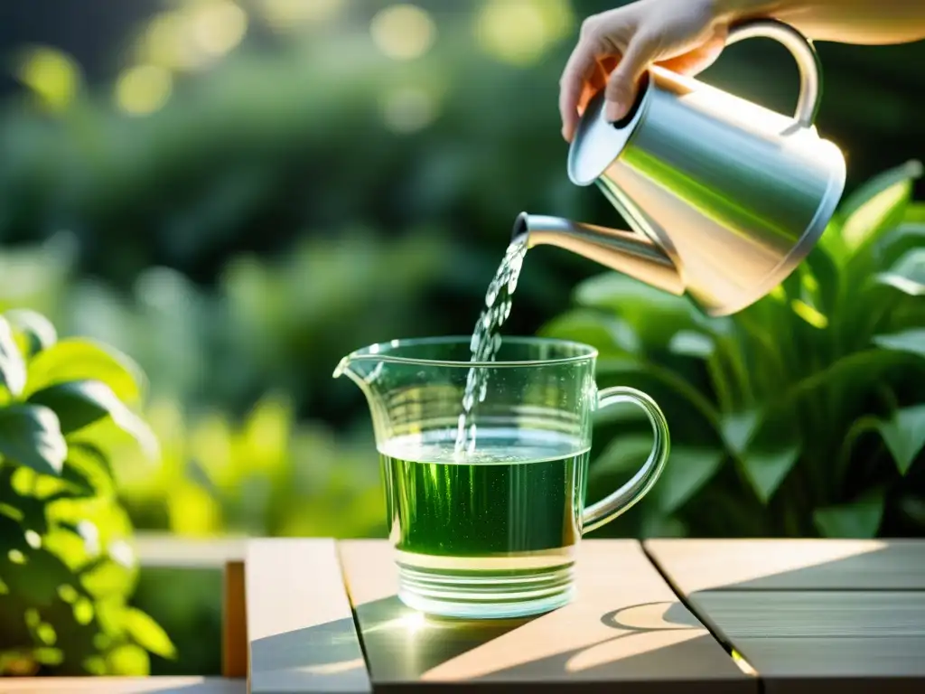Agua pura y sostenible: llenando vida Imagen relajante de agua pura vertiéndose en lata con plantas, evocando tranquilidad y purificación de agua bajo costo