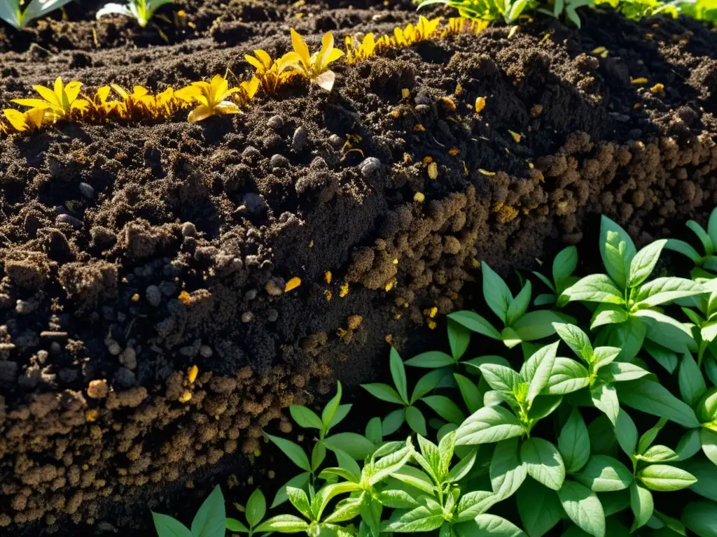 Una imagen de alta resolución de un montón de compost próspero, mostrando la red intrincada de materia orgánica en descomposición, suelo fértil y una diversidad de microorganismos