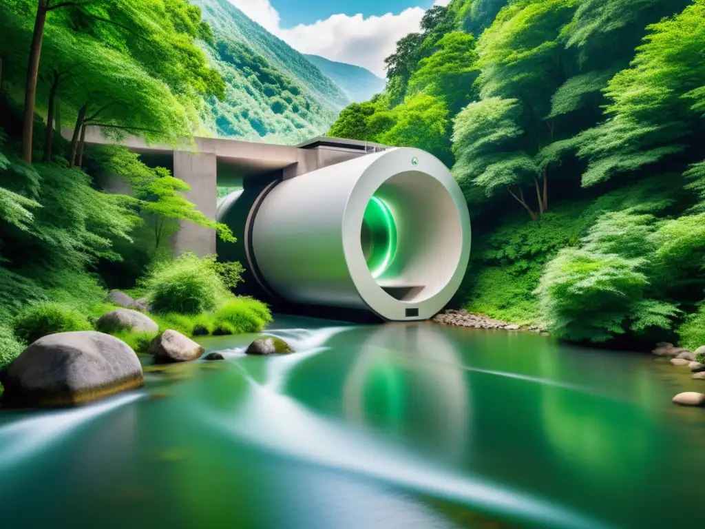 Imagen en 8k de un río sereno fluyendo entre un bosque verde exuberante, con una microturbina hidráulica integrada en la orilla