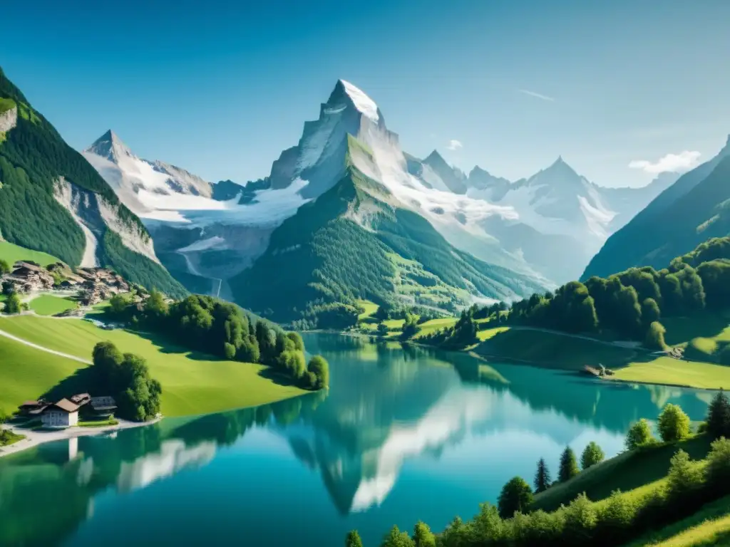 Imagen serena de los Alpes suizos con un lago cristalino en primer plano, reflejando picos nevados y exuberante vegetación