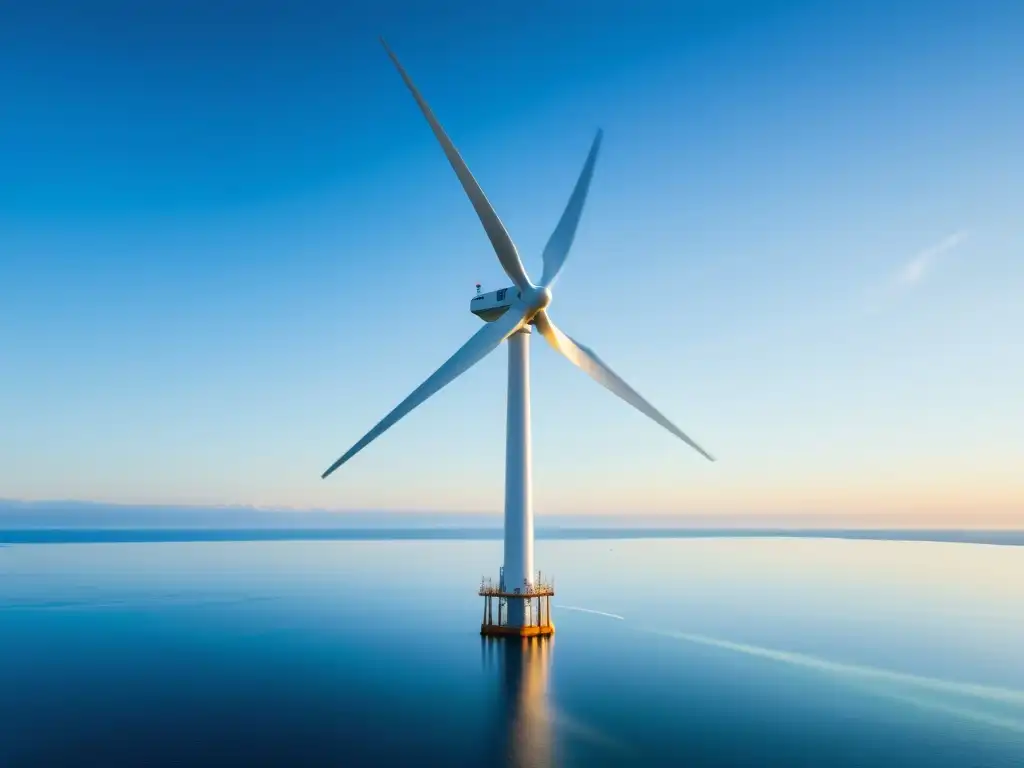 Una imagen serena de una elegante turbina eólica offshore surgiendo del océano, con un suave brillo solar