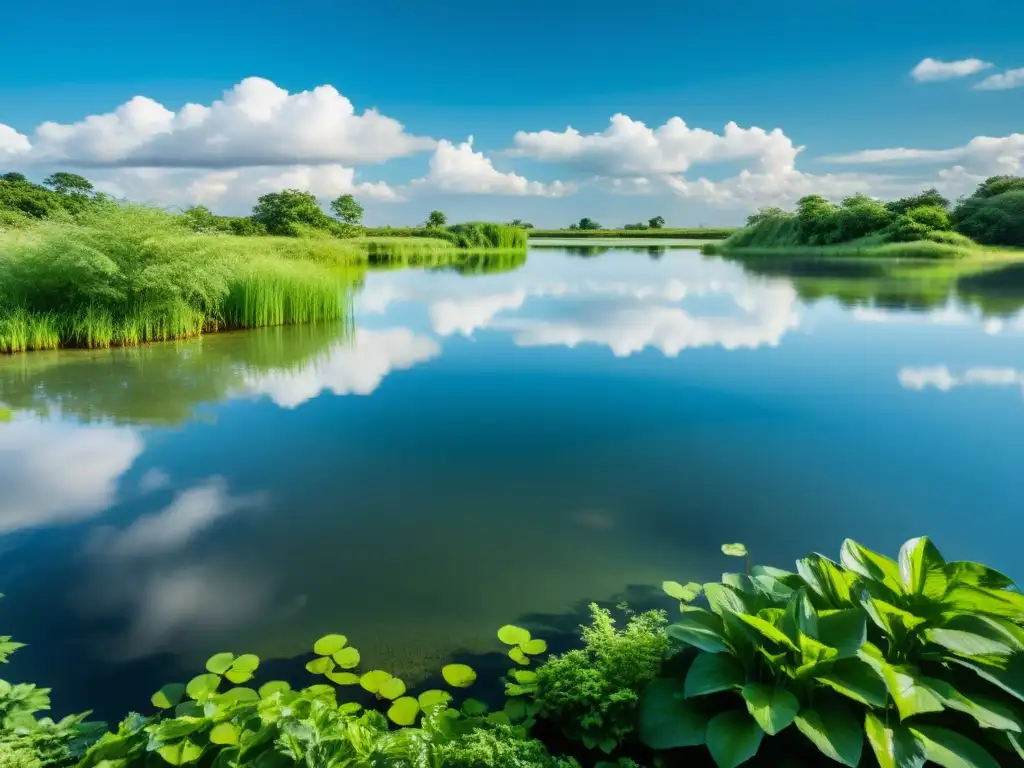 Imagen serena de un estanque cristalino rodeado de exuberante vegetación, reflejando el cielo azul y nubes blancas