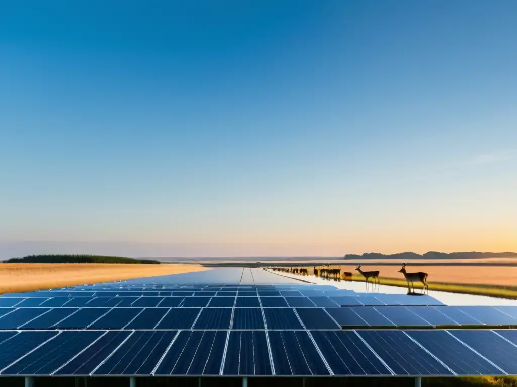 Imagen serena de una extensa granja solar con paneles reflejando la luz dorada, mientras una familia de ciervos pasta en armonía