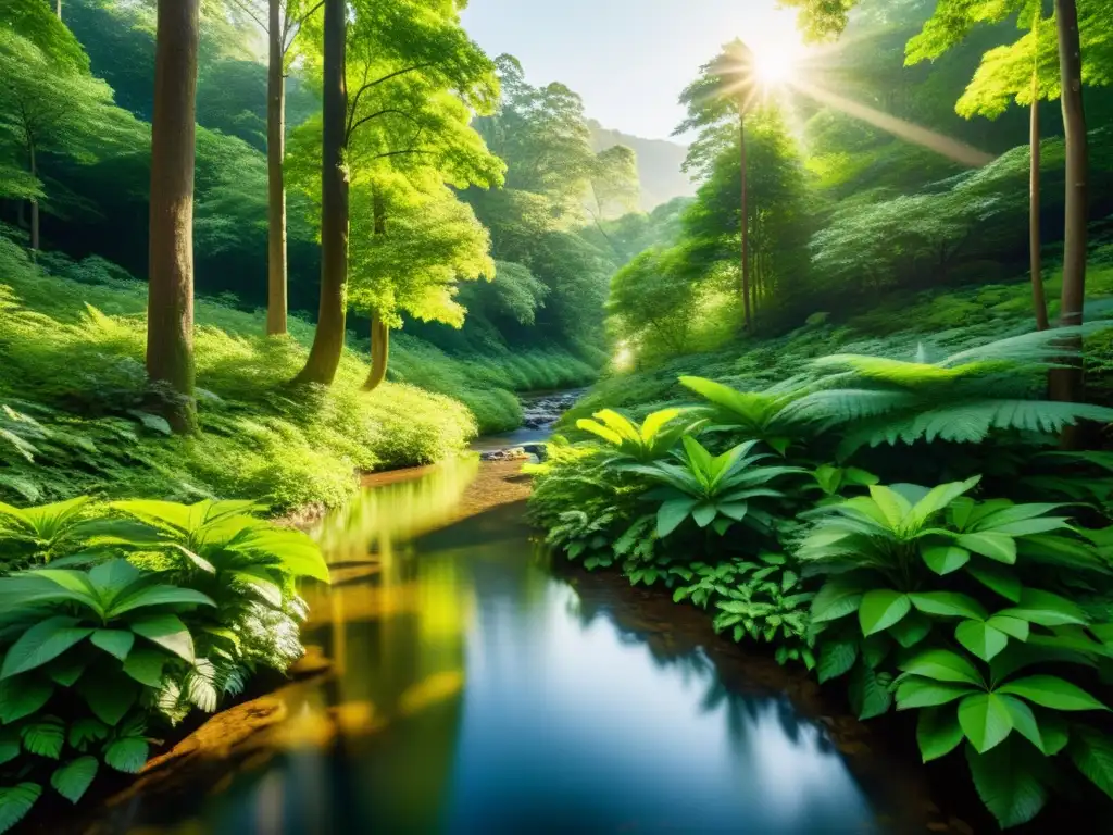 Imagen serena de un exuberante bosque verde con luz solar filtrándose entre el dosel