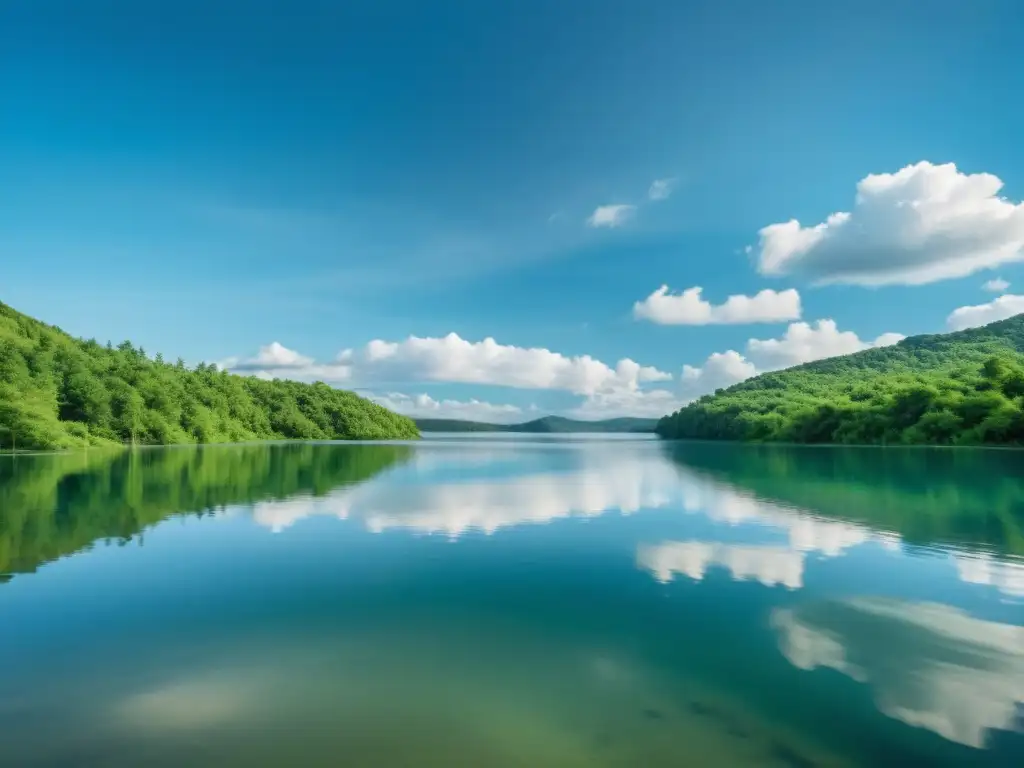 Imagen serena de un lago prístino rodeado de exuberante vegetación