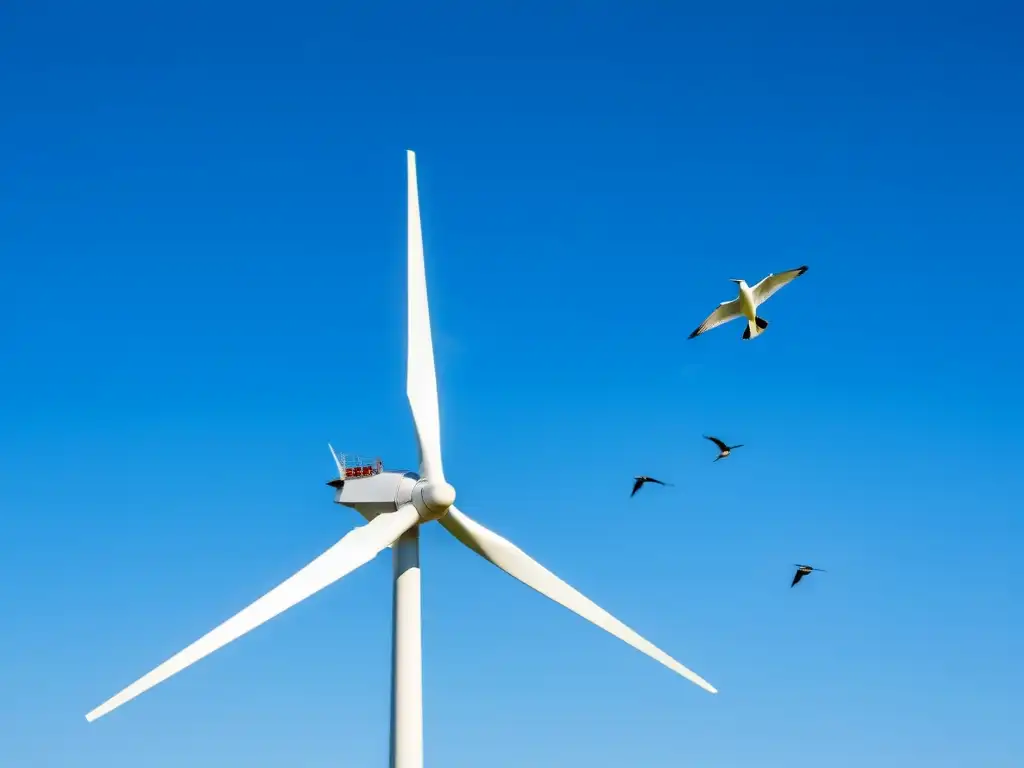 Una imagen serena y minimalista de un aerogenerador en armonía con aves silvestres, simbolizando estrategias convivencia armónica vida silvestre