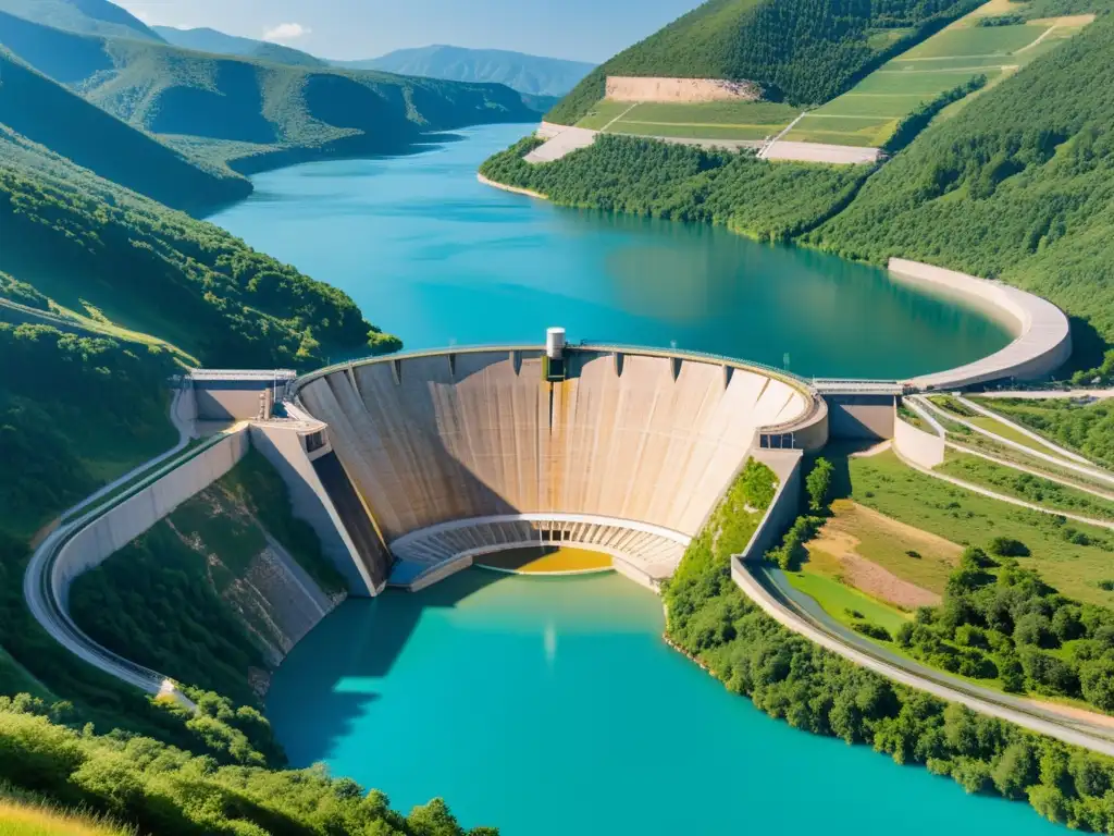 Una imagen serena y minimalista de una moderna presa hidroeléctrica en un valle exuberante, con agua clara y turquesa fluyendo