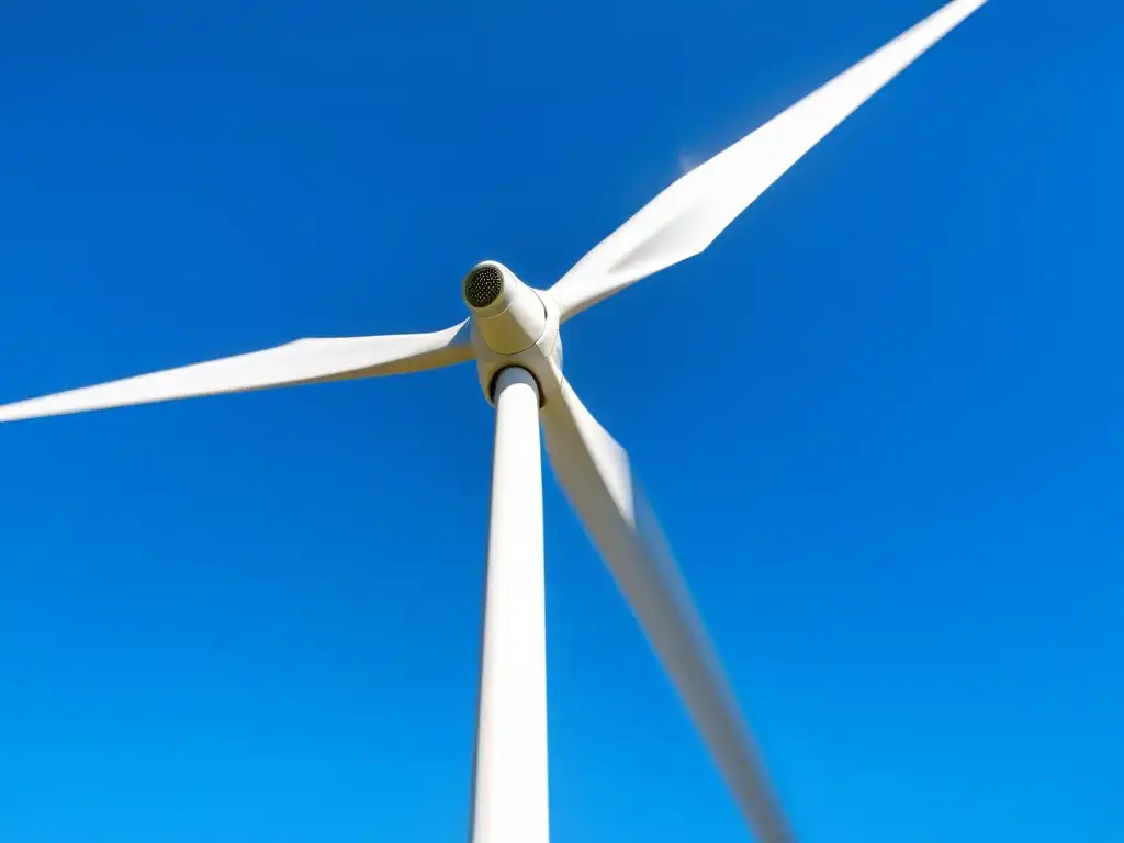 Una imagen serena y minimalista de una moderna turbina eólica destacando en el cielo azul