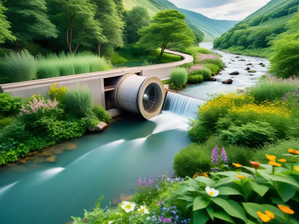 Imagen serena de una turbina hidroeléctrica en un paisaje natural