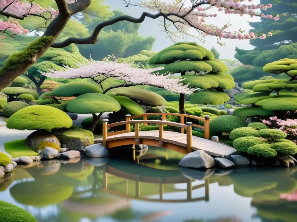 Imagen de un sereno jardín japonés, con un puente de madera sobre un estanque tranquilo y un árbol de cerezo en flor