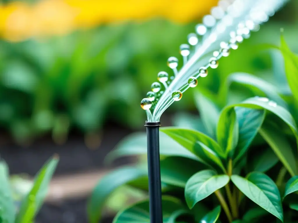 Imagen de un sistema de riego por goteo moderno y eficiente, con gotas de agua sobre plantas verdes exuberantes