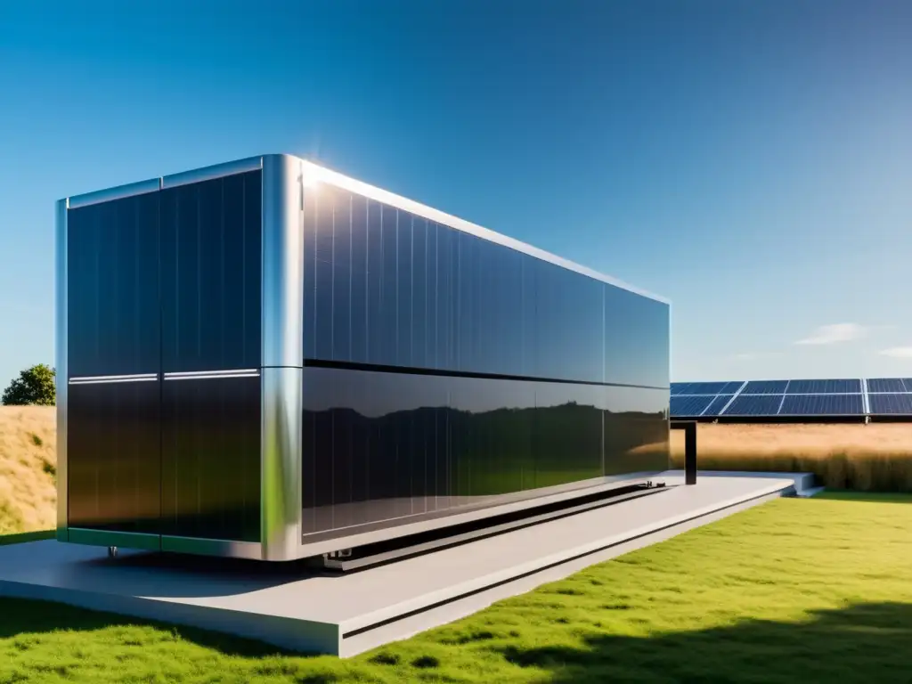 Imagen de soluciones eficientes almacenamiento energía renovable con diseño futurista, líneas limpias y tecnología avanzada iluminada por la luz solar