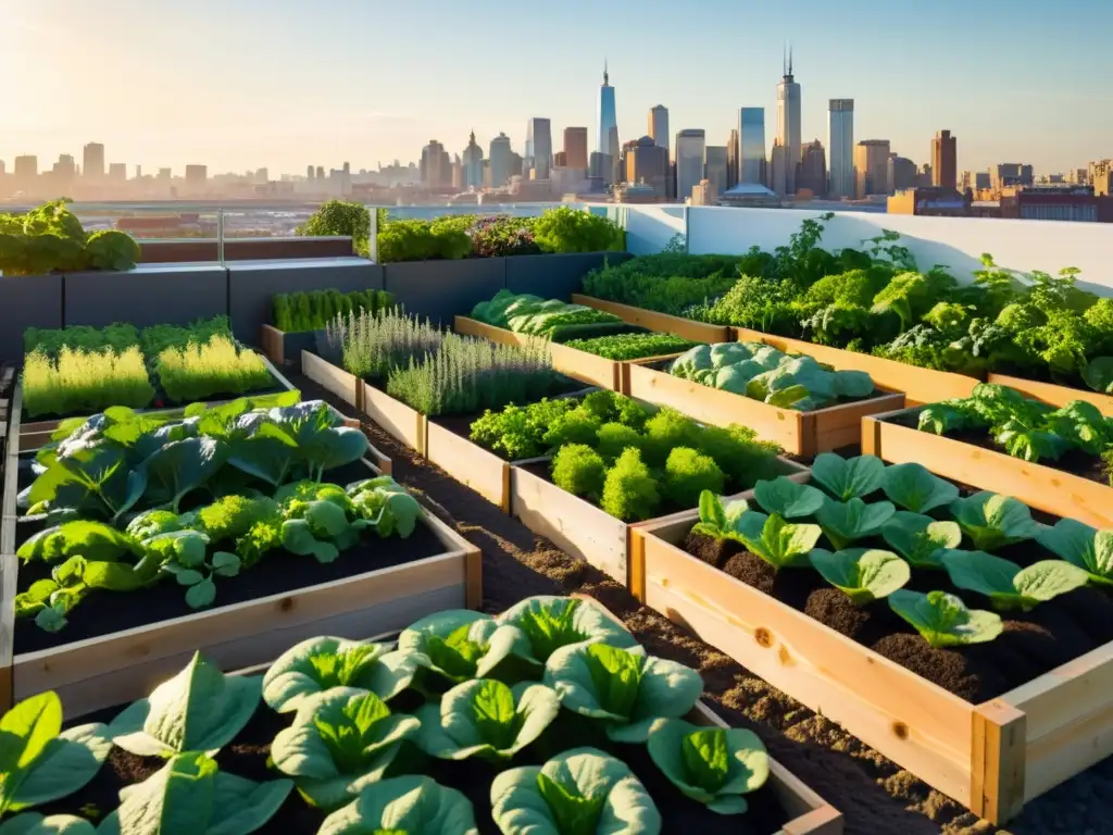 Imagen 8k de un jardín urbano en la azotea con cultivo de alimentos sostenibles, contrastando naturaleza y ciudad