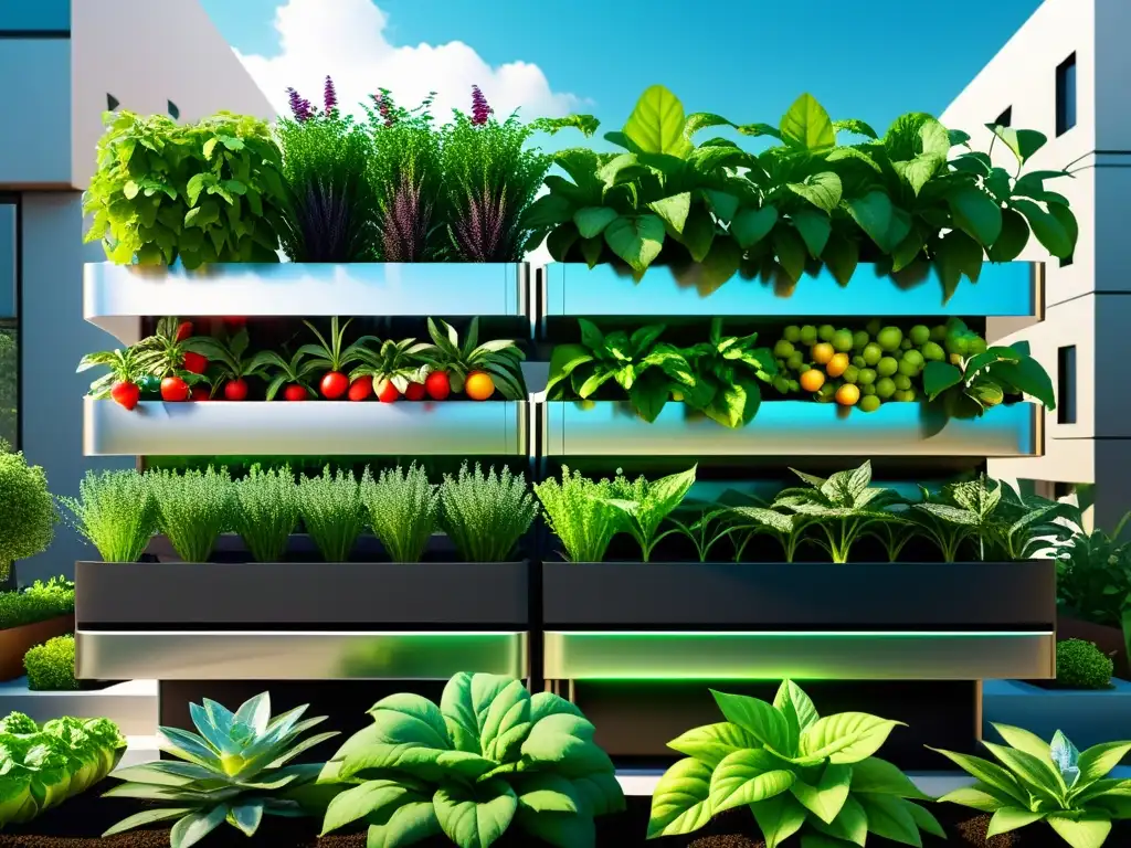 Imagen de un jardín urbano futurista con tecnología integrada, reflejando la sostenibilidad y la innovación en la agricultura urbana