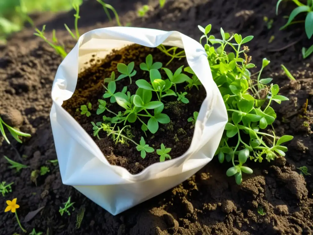 La imagen muestra la verdad sobre los productos biodegradables y su impacto ambiental, con una bolsa descomponiéndose en un entorno natural